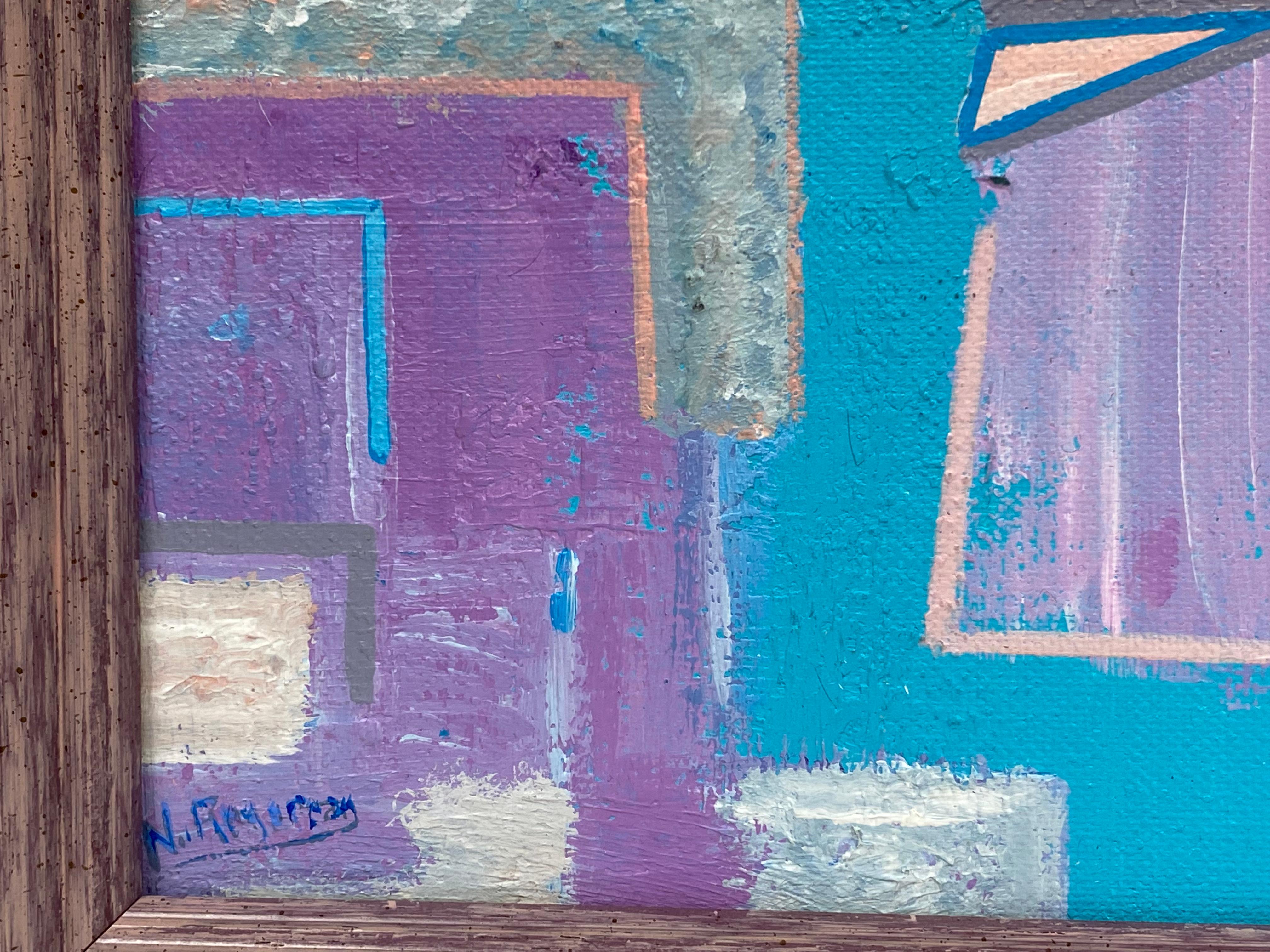 Framed Bright & Colorful French Abstract Oil Painting Amazing Shapes & Colors - Purple Abstract Painting by Unknown