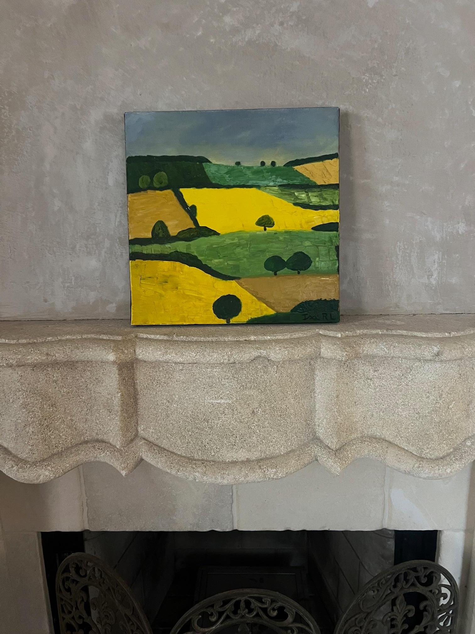 Tableau abstrait carré de la campagne méridionale française, signé par l'artiste Isabelle R. Lestienne.   Les bords sont peints en noir, il est prêt à être accroché.