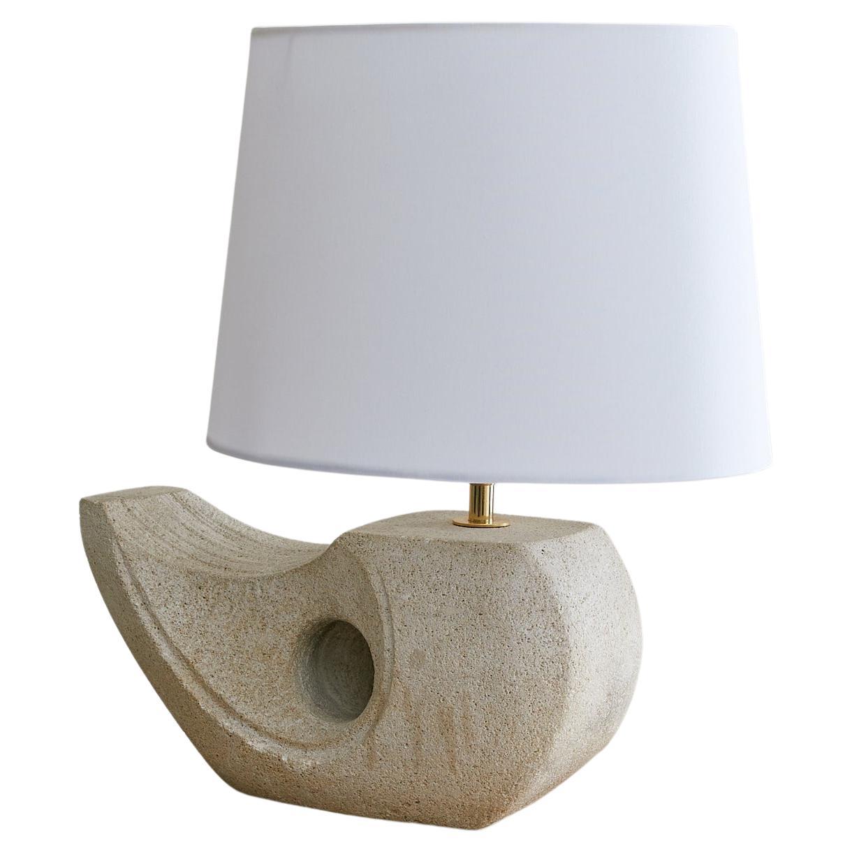 French Abstract Limestone Table Lamp with Shade by Albert Tormos, 1970s