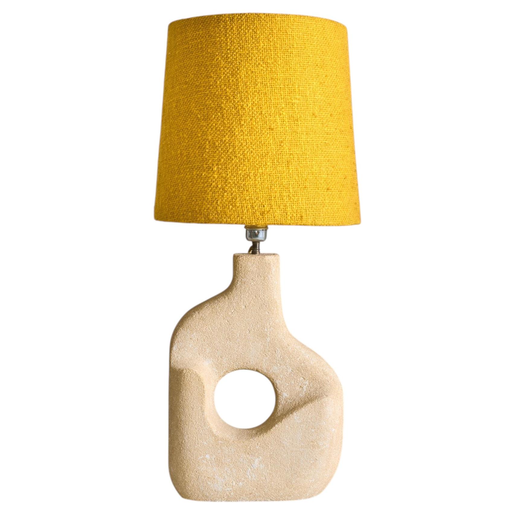 French Abstract Limestone Table Lamp with Yellow Shade by Albert Tormus, 1960s