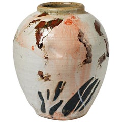 Vintage French Abstract Painting Ceramic Vase Red and White by Claude Varlan, 1980