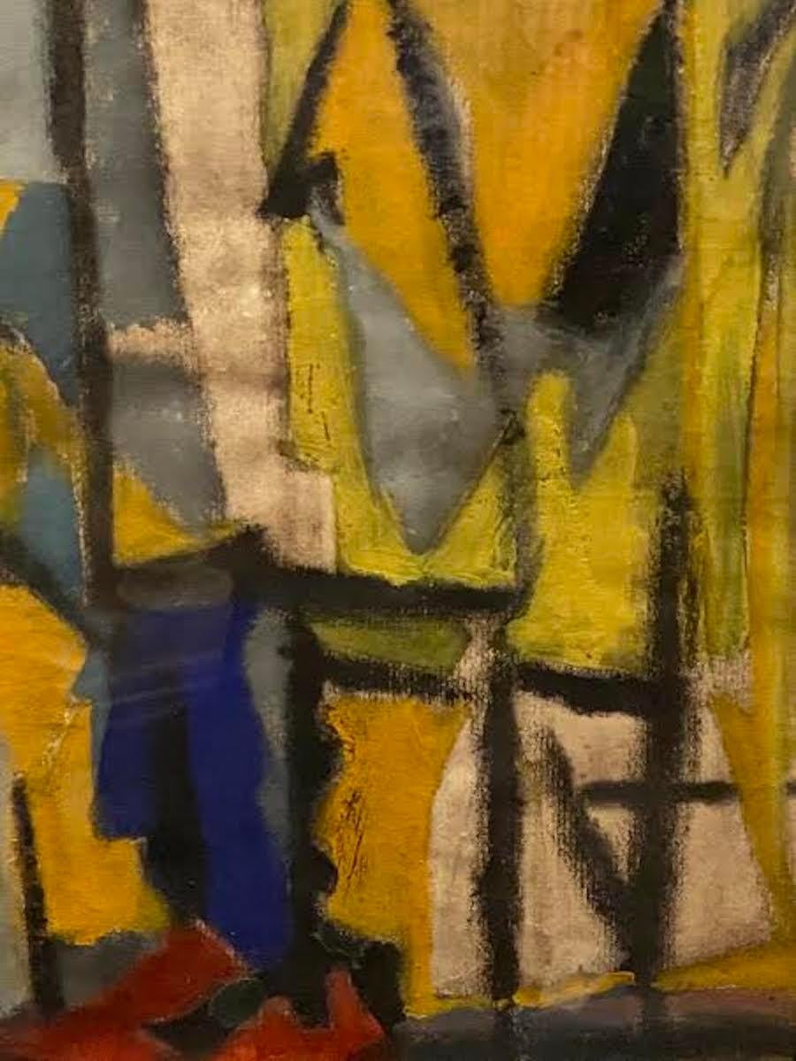 Midcentury French abstract painting in thin vintage black wood frame.
Multi colors include shades of yellow and gold, shades of blue, red, white and black.