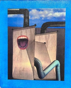 1980er Jahre Französisch Abstrakt Surrealist Original Öl Erstaunlich hellen blauen Farben