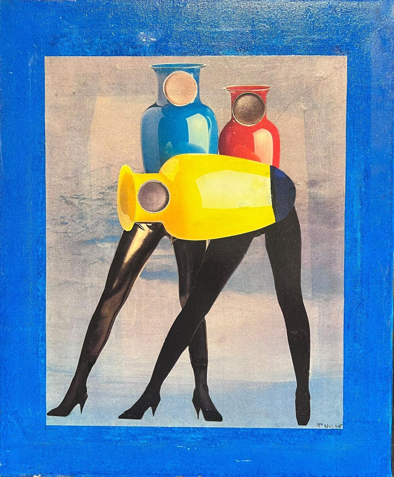 Huile originale surréaliste abstraite française des années 1980 Figures aux couleurs vives étonnantes 
