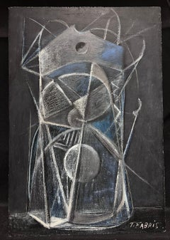Huile originale surréaliste abstraite française des années 1980 Couleurs noires et grises