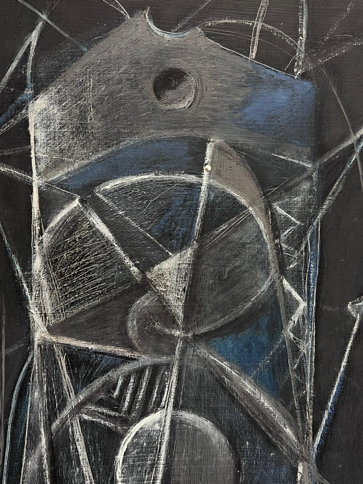 1980's French Abstract Surrealist Original Oil Black and Grey Colors For Sale 1