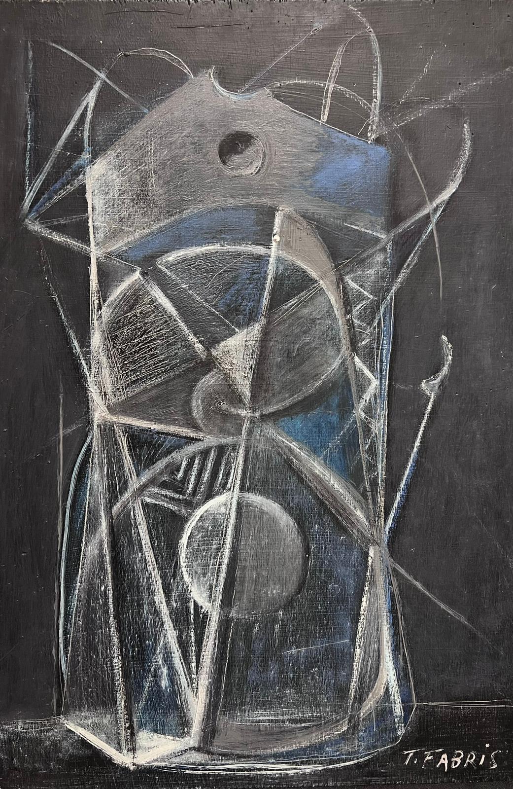 1980's French Abstract Surrealist Original Oil Black and Grey Colors