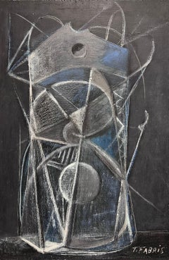 Retro 1980's French Abstract Surrealist Original Oil Black and Grey Colors