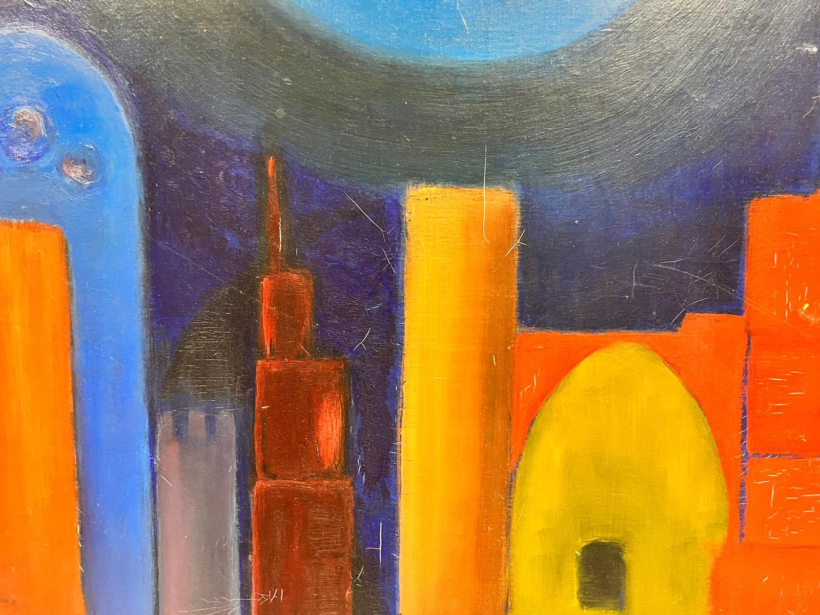Huge French Modernist Signiertes abstraktes Ölgemälde der Stadt Scape Orange & Blau, Französisch Modernist – Painting von French abstract