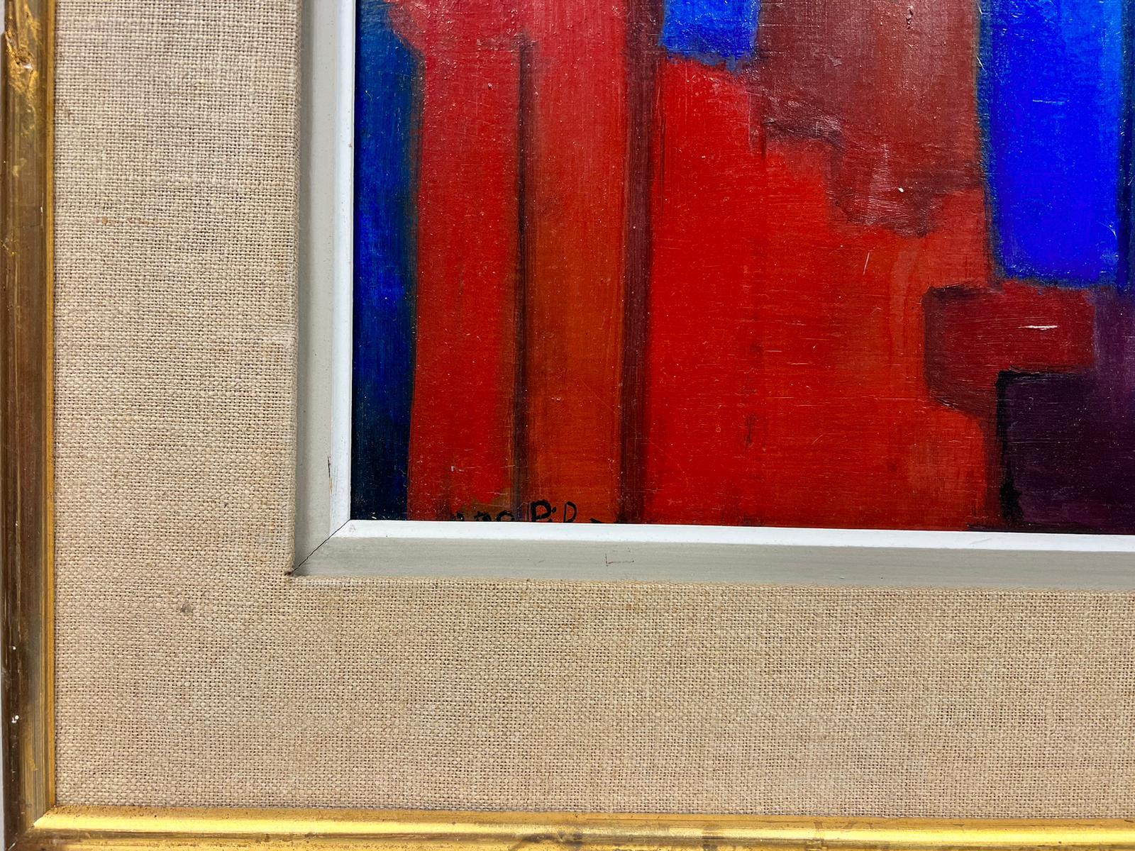 Huge French Modernist Signiertes abstraktes Ölgemälde der Stadt Scape Orange & Blau, Französisch Modernist (Geometrische Abstraktion), Painting, von French abstract