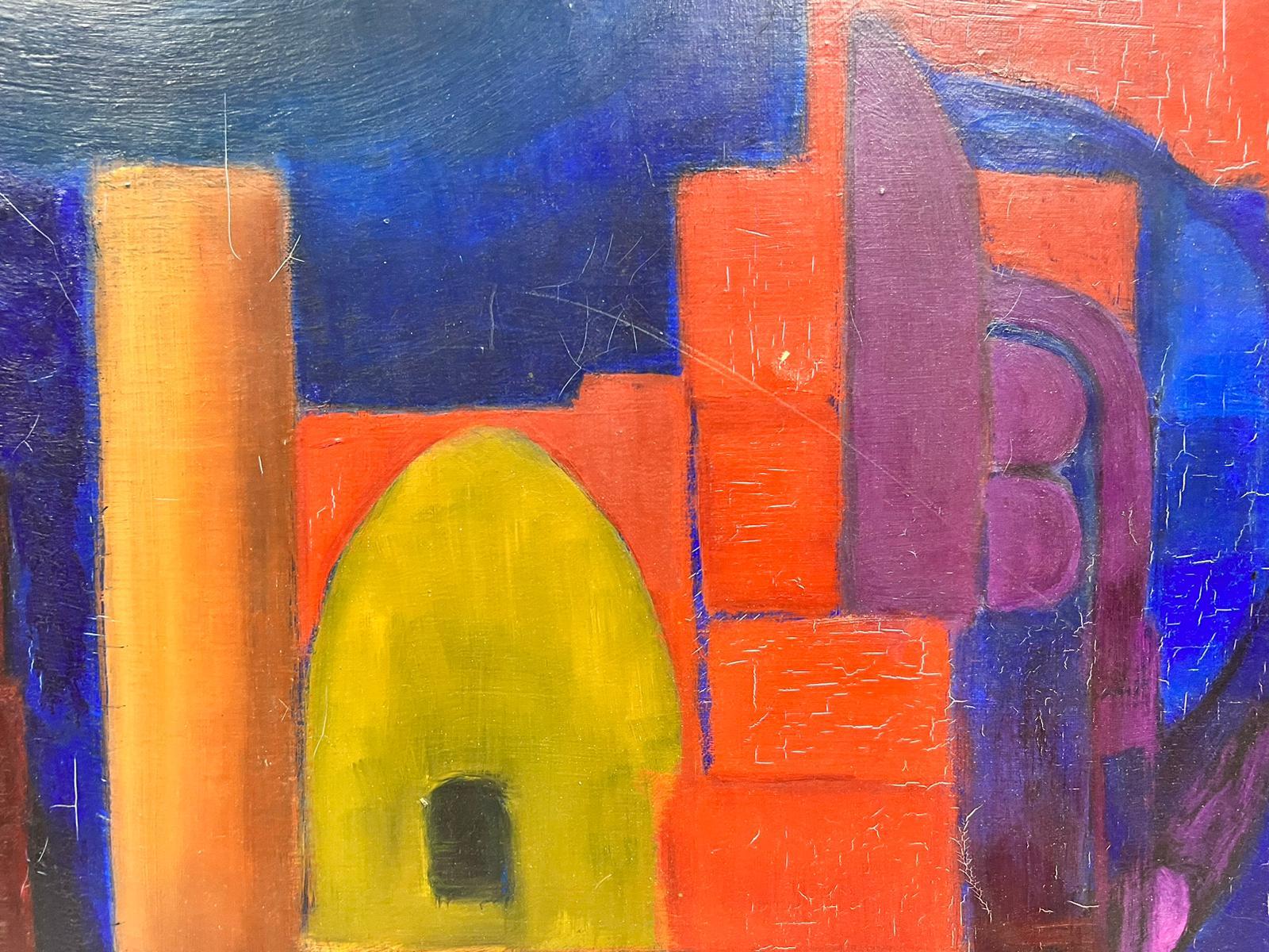 Huge French Modernist Signed Oil Abstract Painting of City Scape Orange & Blue For Sale 1