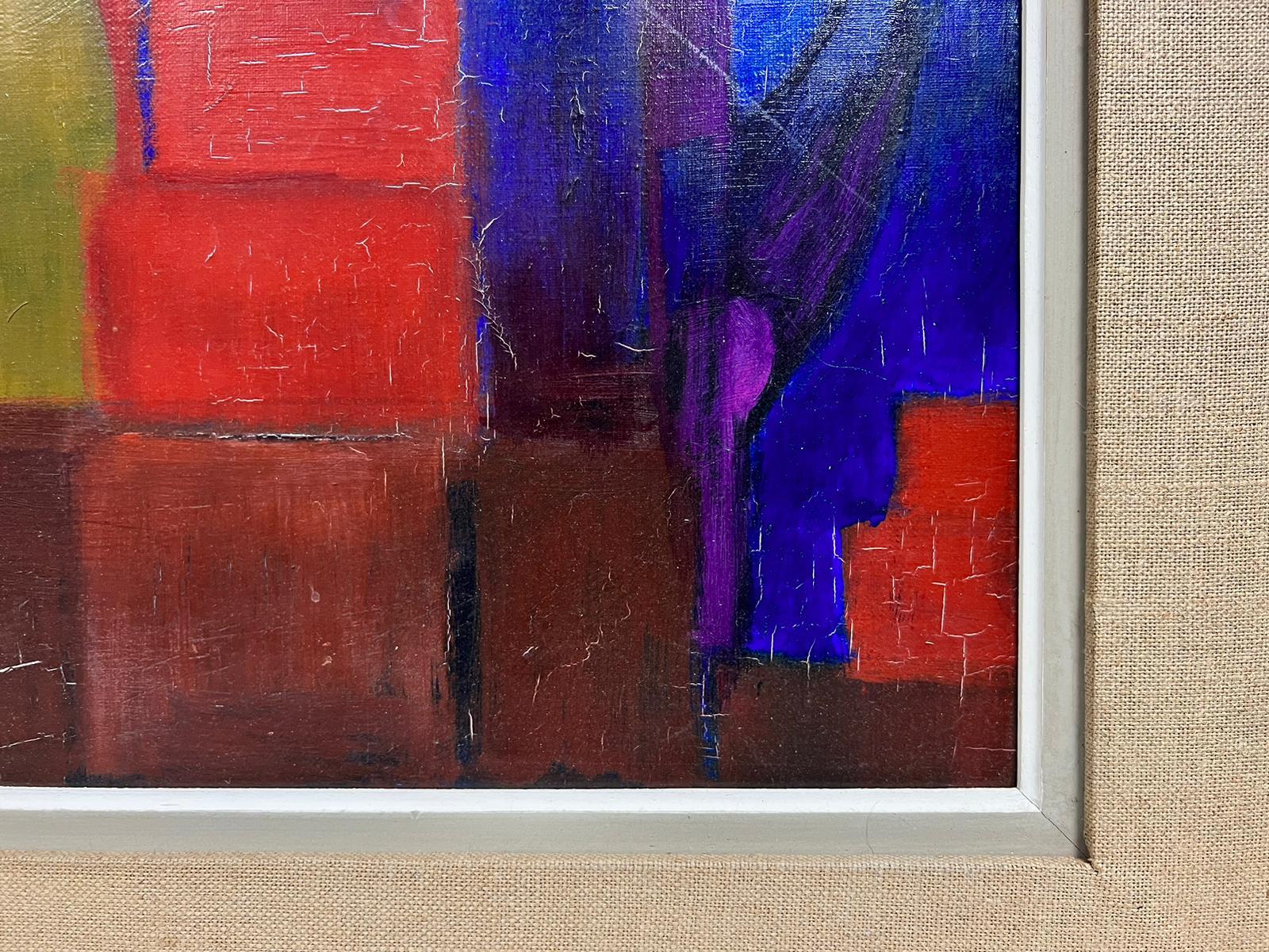 Huge French Modernist Signed Oil Abstract Painting of City Scape Orange & Blue For Sale 2
