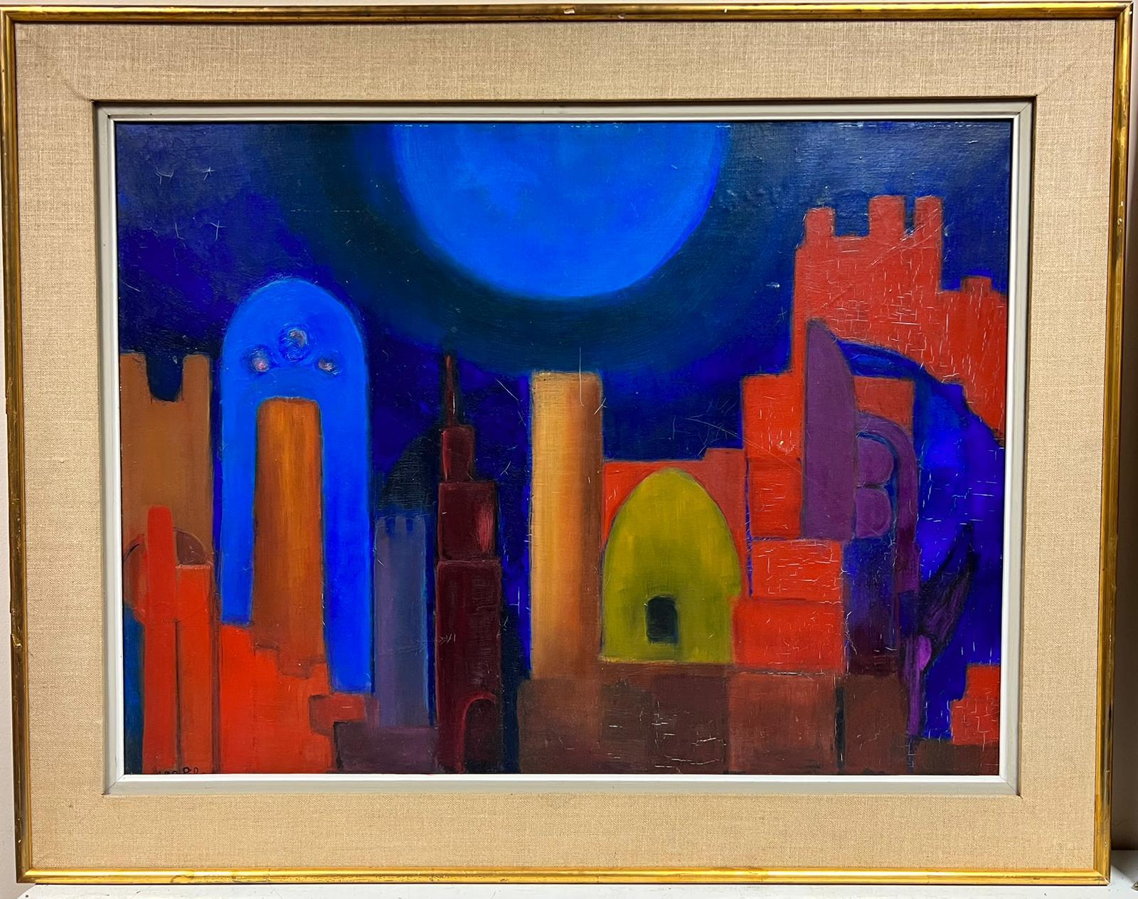French abstract Abstract Painting – Huge French Modernist Signiertes abstraktes Ölgemälde der Stadt Scape Orange & Blau, Französisch Modernist