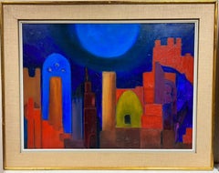 Retro Huge French Modernist Signed Oil Abstract Painting of City Scape Orange & Blue