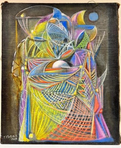 Large 1980's French Abstract Surrealist Original Oil Amazing Bright Colors