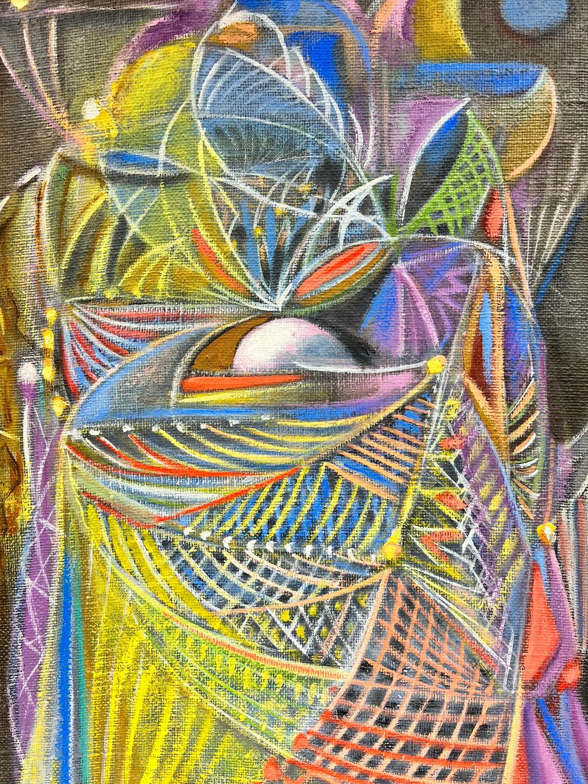 Künstler/Schule: Französische Abstraktion, signiert von T. Fabris, datiert 1987

Titel: Abstrakte surrealistische Komposition

Medium: Öl auf Leinwand, ungerahmt

Gemälde: 26 x 21 Zoll

Farben: Schwarz, rot, gelb, rosa, lila, blau, weiß, orange,