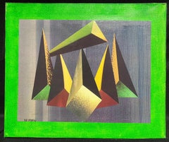 Large 1980's French Abstract Surrealist Original Oil Amazing Bright Green Colors
