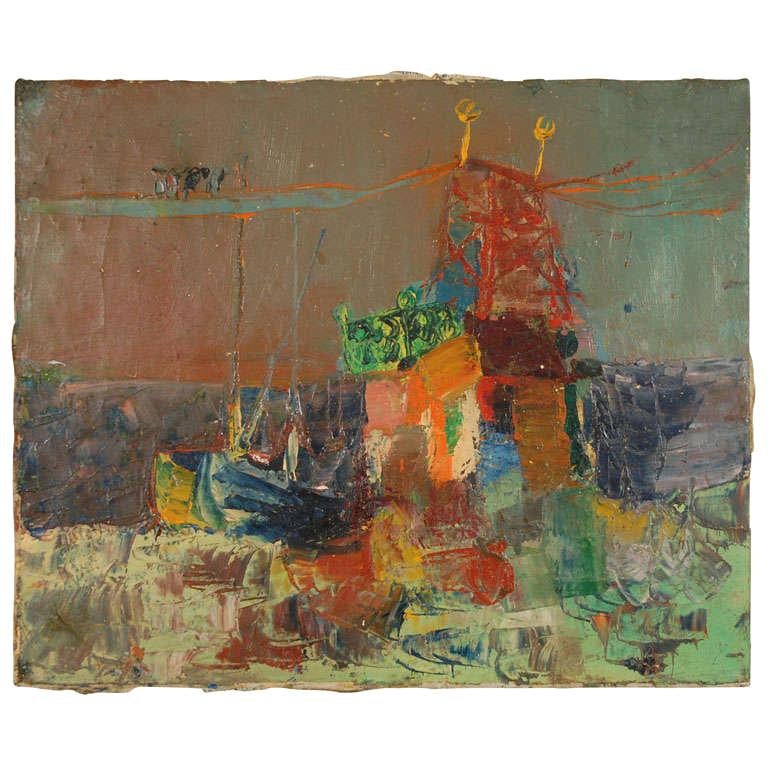 1930s French oil painting. Depicting a beautiful abstracted shipyard scene, the piece enhanced by a deft use of impasto technique. With its moody yet vibrant palette, the artist’s investigations of perspectival relationships seem to flicker in the