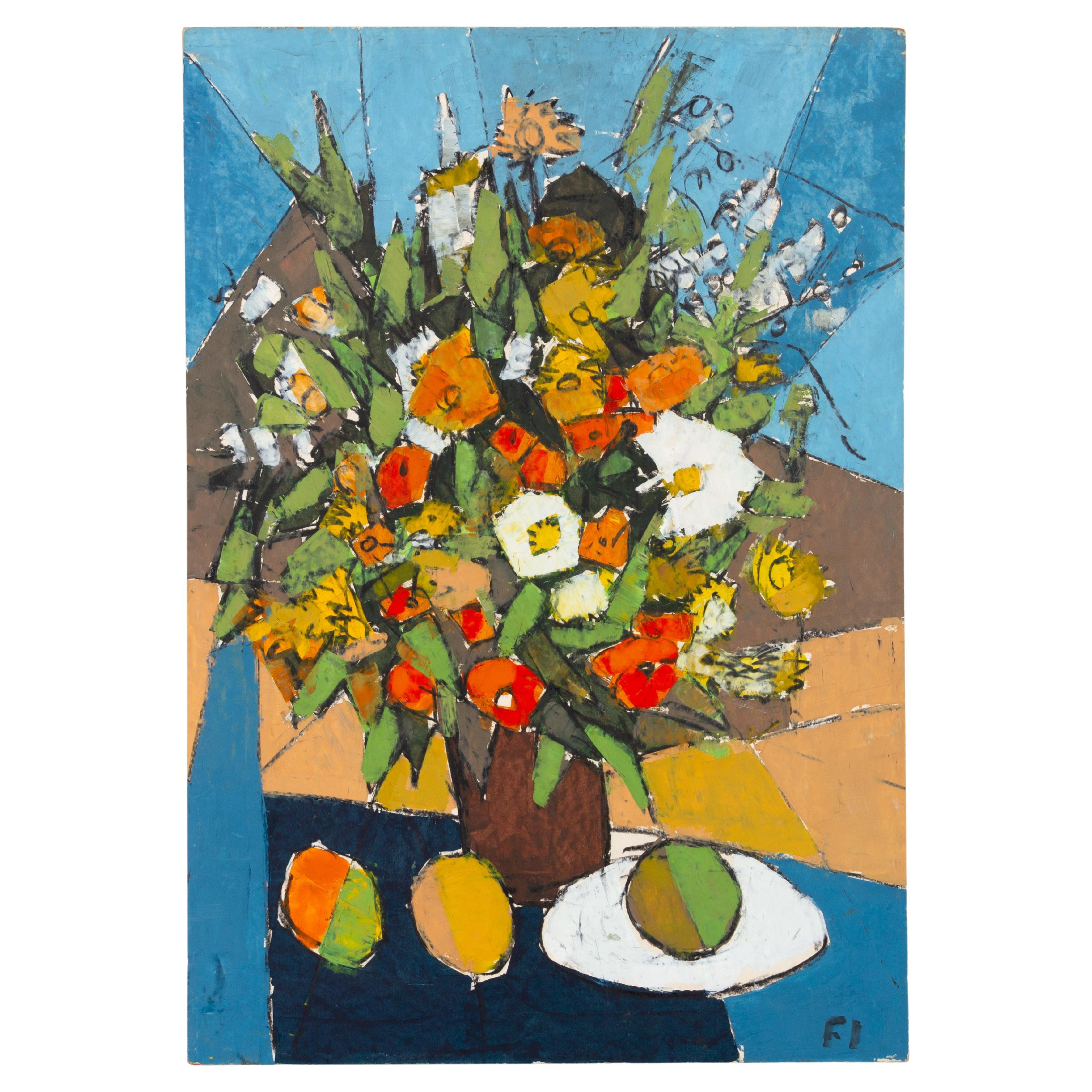 French Abstract Still Life Composition Oil Painting with Monogram For Sale