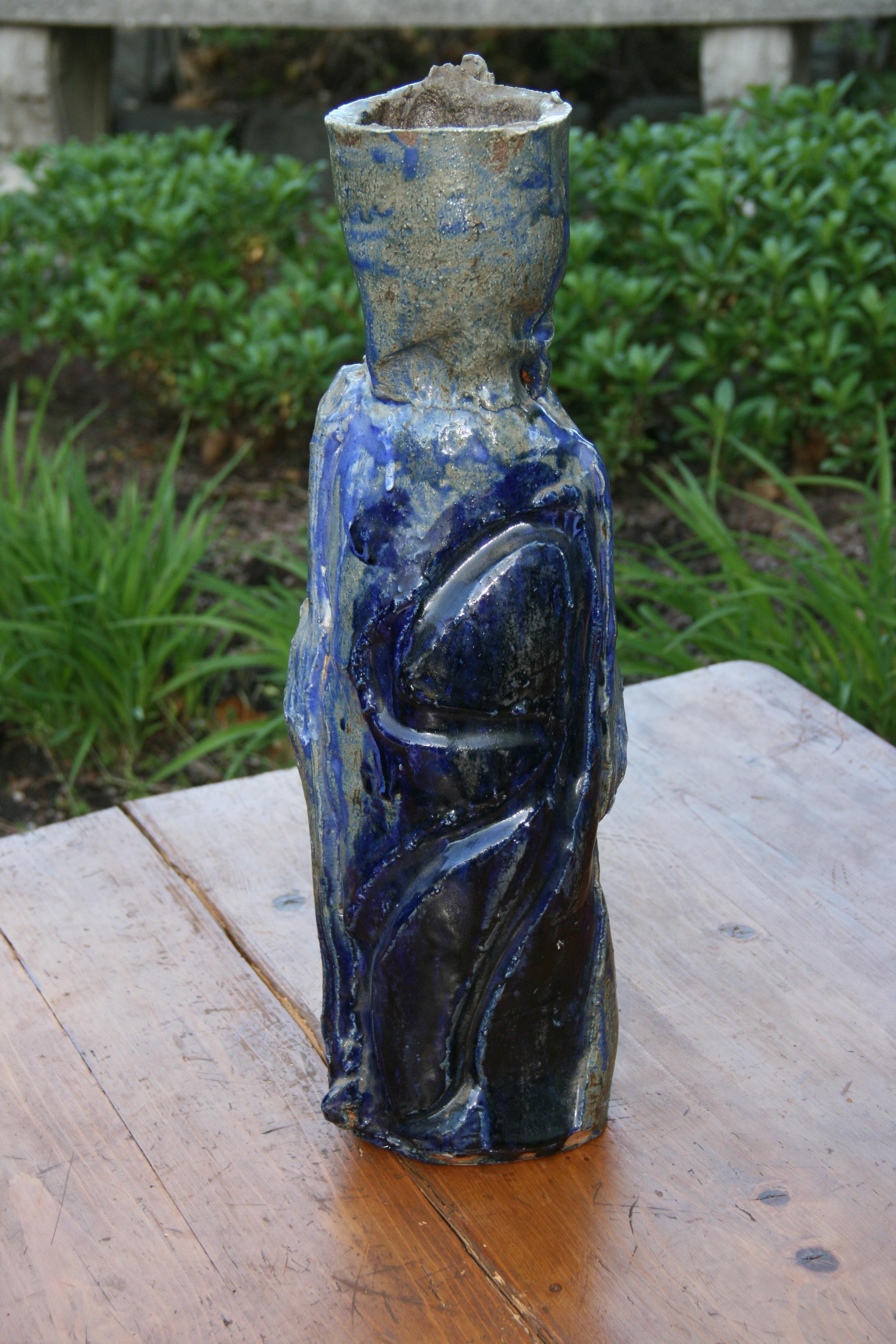3-1117 Scandinavian  blue glazed terracotta abstract sculptural vase.