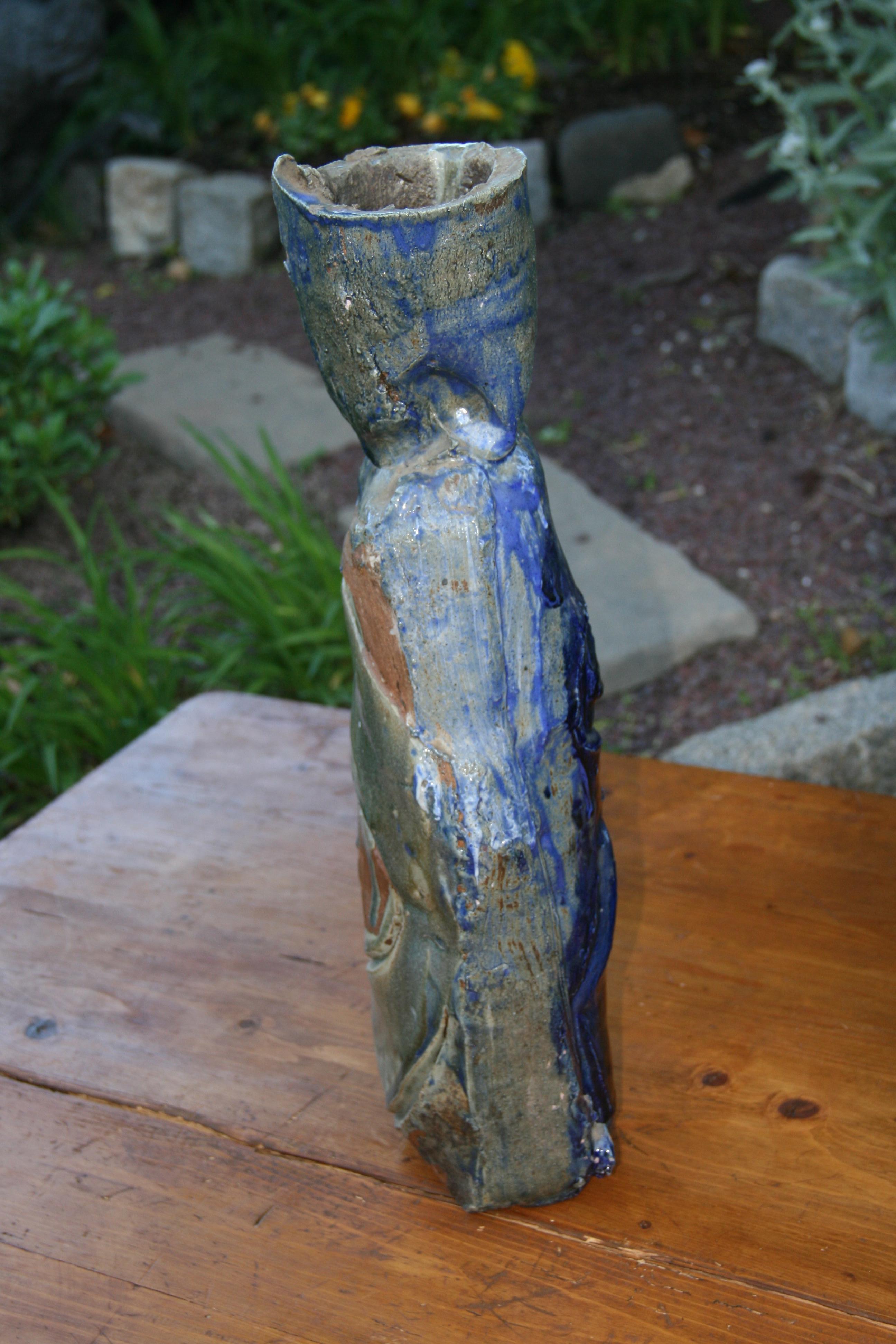 Mid-20th Century Japanese  Abstract Terracotta Blue Glazed Figural Sculptural Vase For Sale