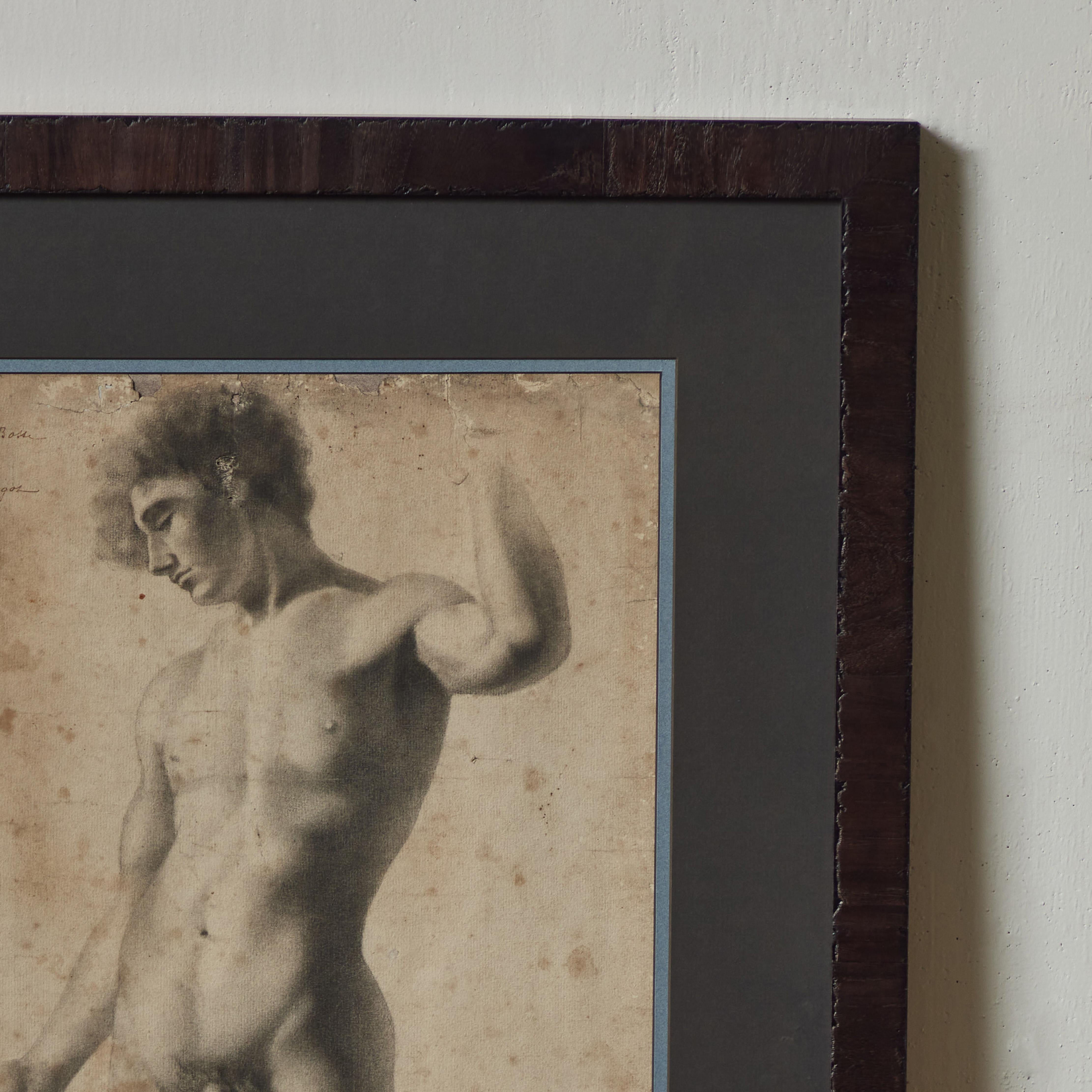 French Academic Charcoal Drawing of Standing Nude Male Figure In Good Condition For Sale In Los Angeles, CA