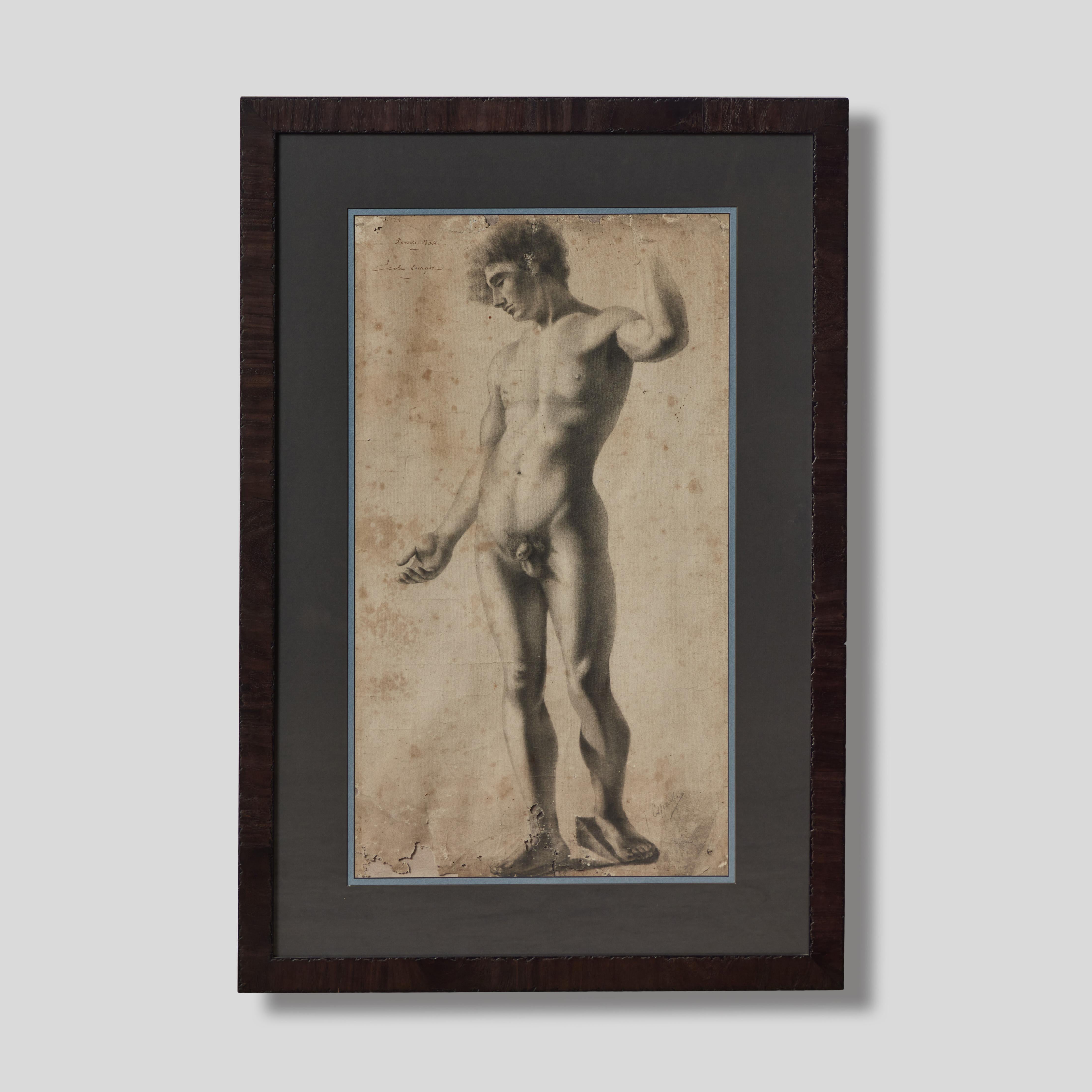 French Academic Charcoal Drawing of Standing Nude Male Figure For Sale 1