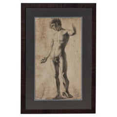 French Academic Charcoal Drawing of Standing Nude Male Figure