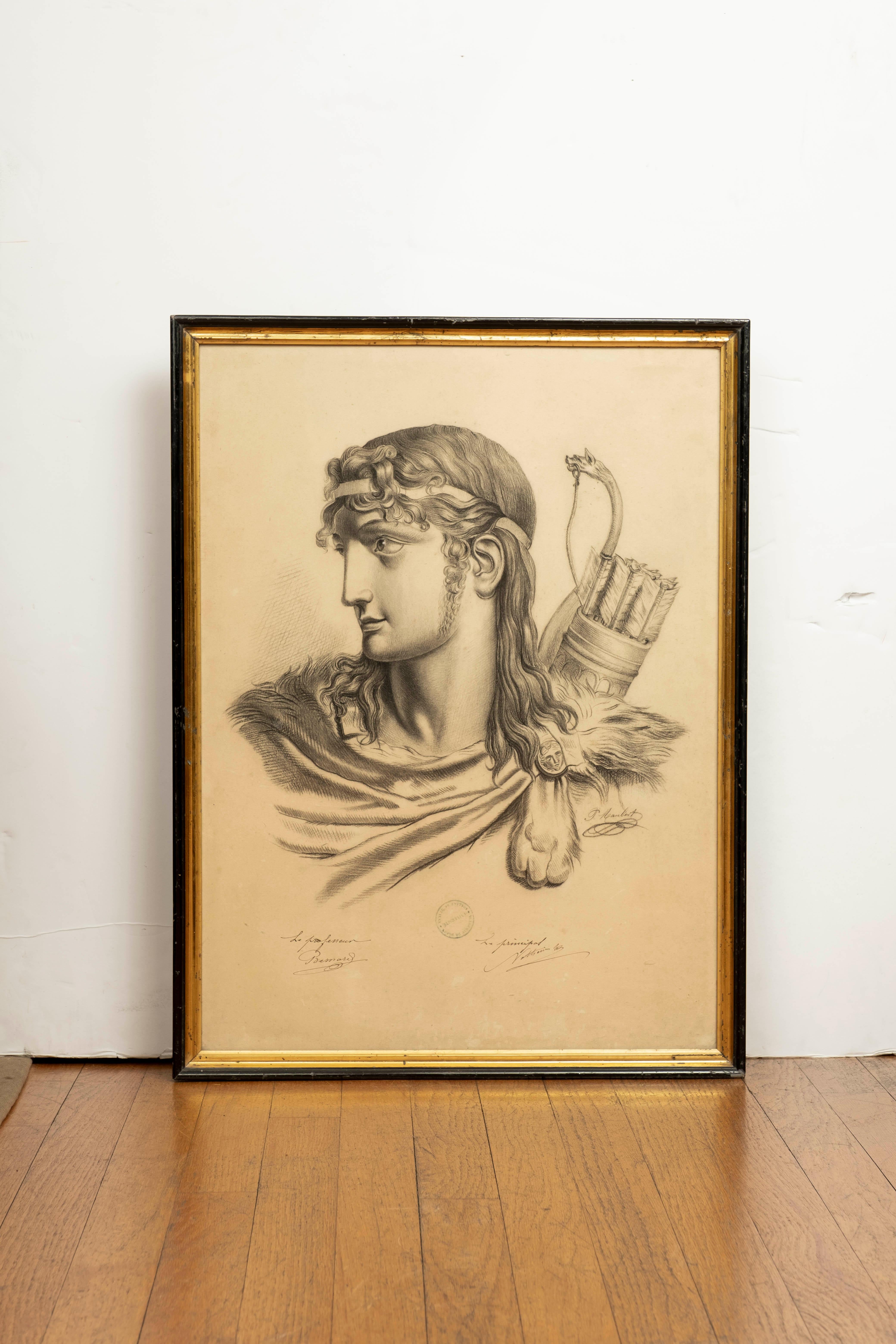 French academic drawing of a classical Roman. This handsome framed French drawing of a classical roman figure was created by a talented artist in the 1920s and signed. Stunning!