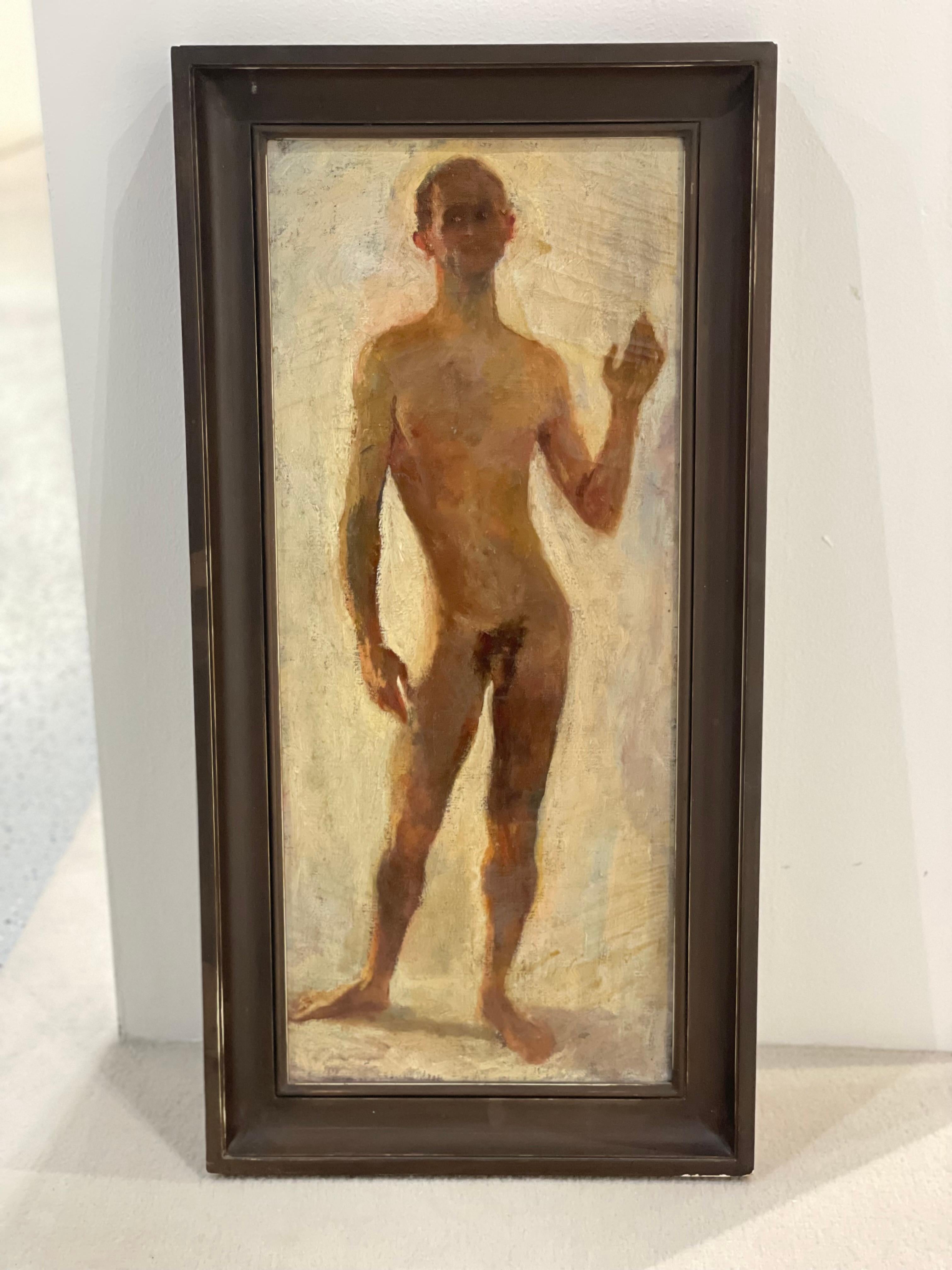 Oil on canvas shows a standing naked man saluting with his left hand.