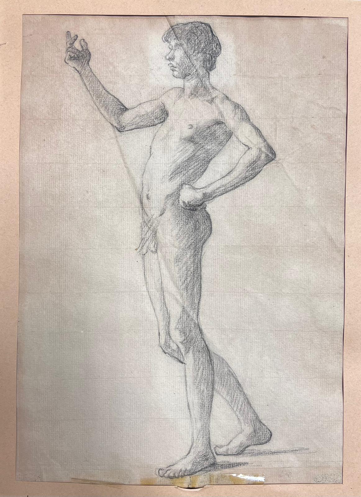 19th Century French Academic Drawing Portrait of Male Nude Young Man For Sale 1