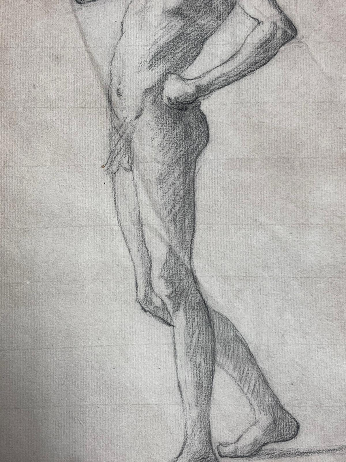 19th Century French Academic Drawing Portrait of Male Nude Young Man For Sale 2