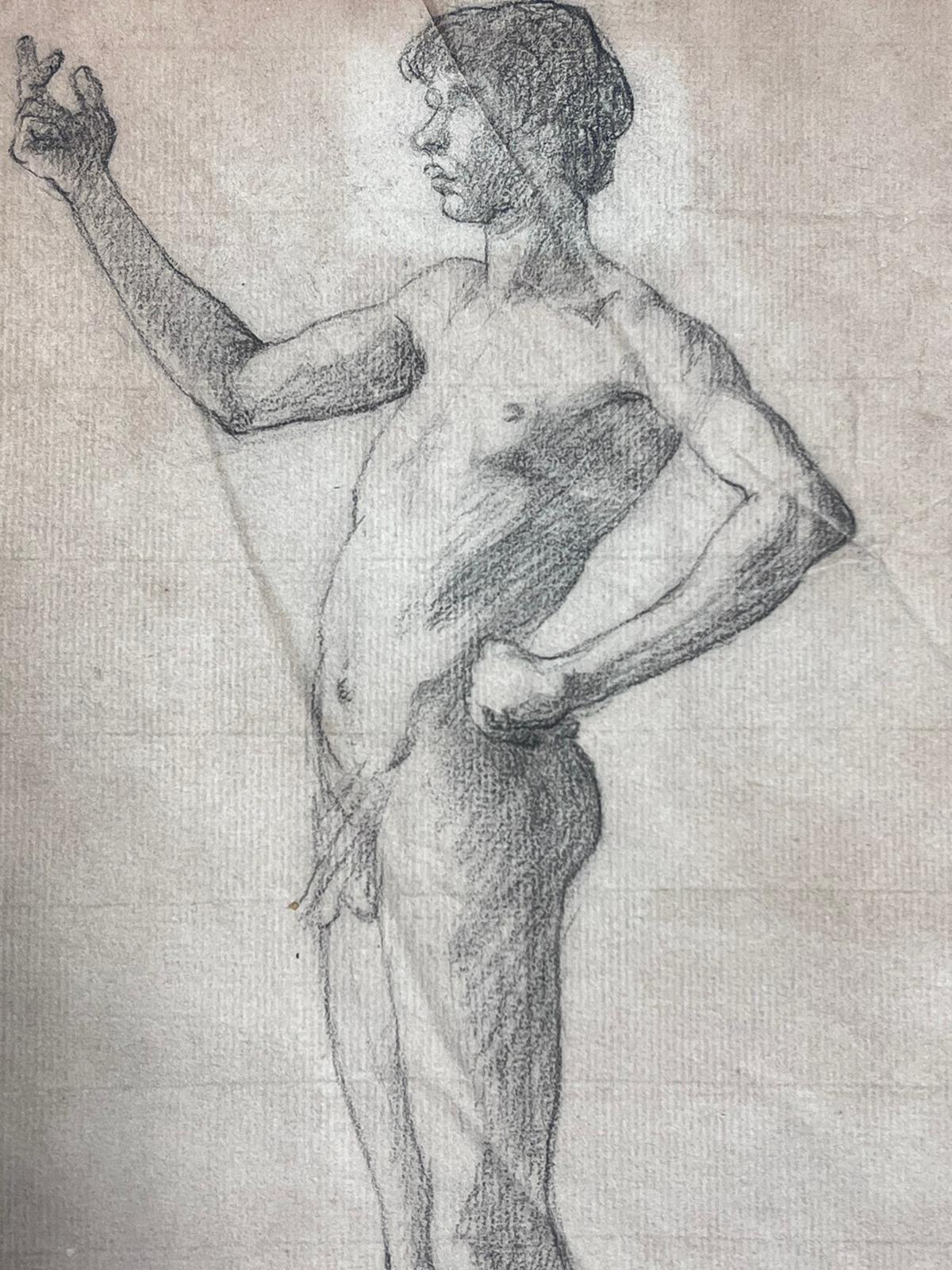 19th Century French Academic Drawing Portrait of Male Nude Young Man For Sale 3