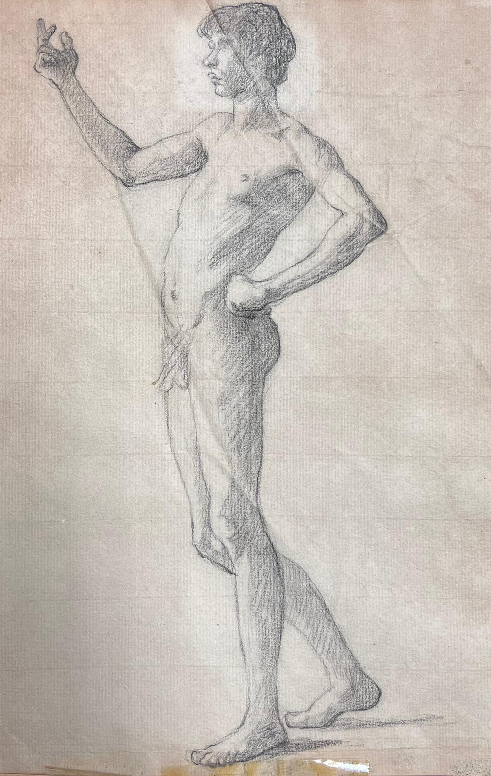 19th Century French Academic Drawing Portrait of Male Nude Young Man