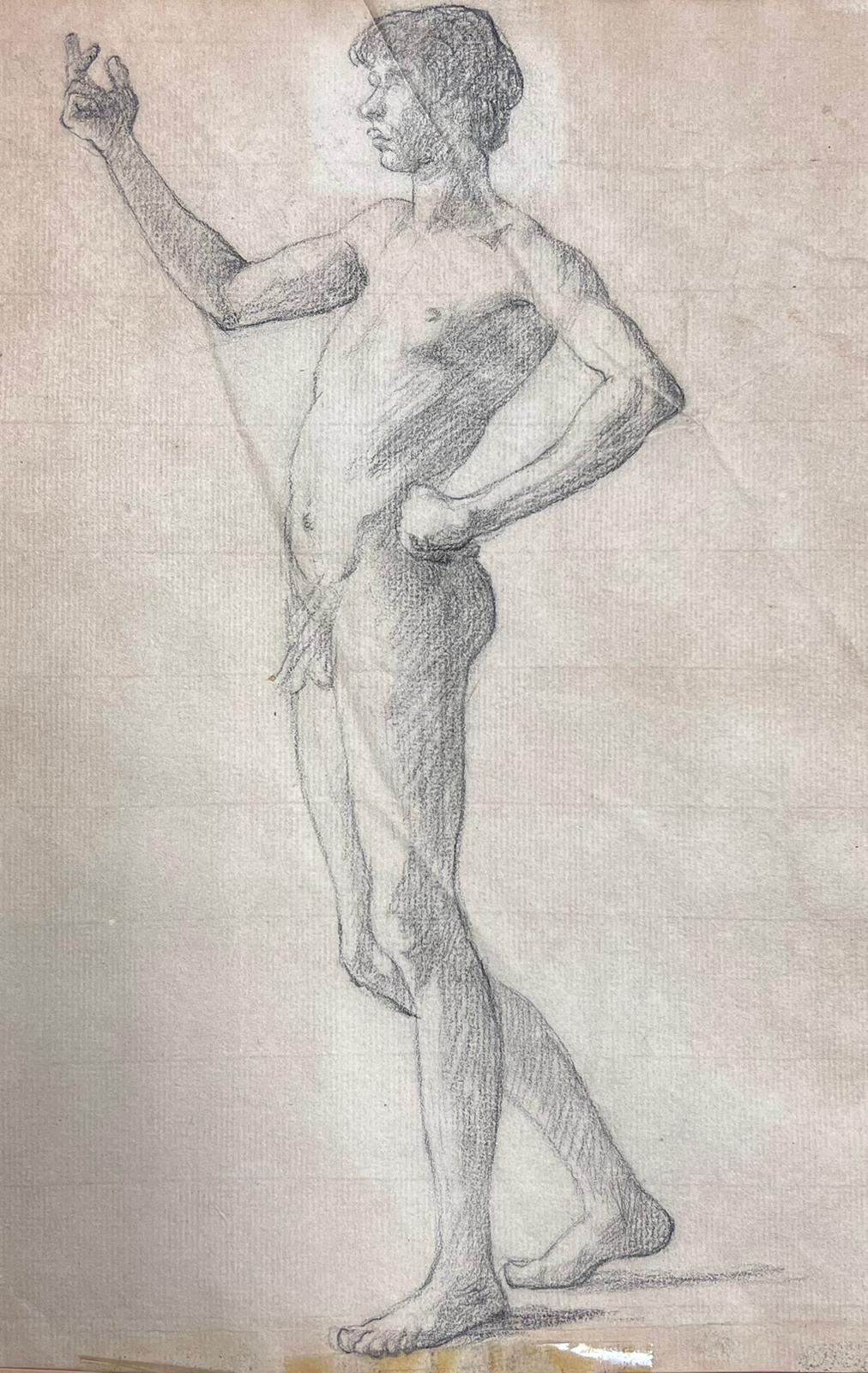 Disegno accademico francese del XIX secolo Ritratto di giovane uomo nudo