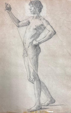 Antique 19th Century French Academic Drawing Portrait of Male Nude Young Man