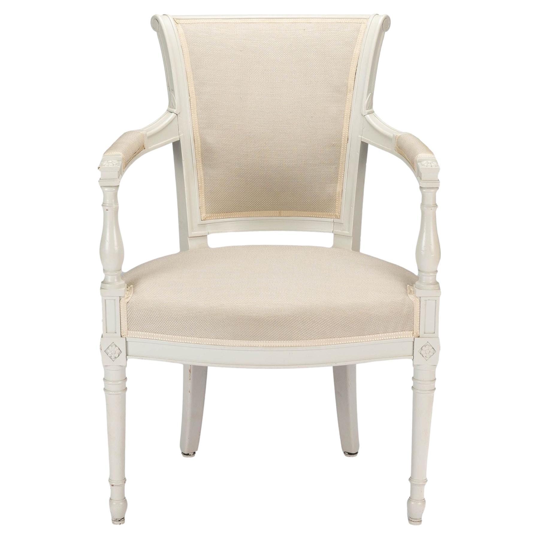 French Louis XVI Style Painted & Upholstered Armchair, c. 1910-30 For Sale