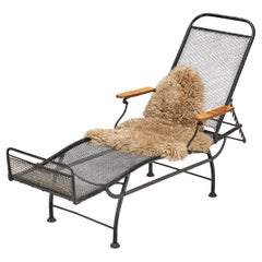 French Adjustable Chaise Longue in Black Iron and Wood