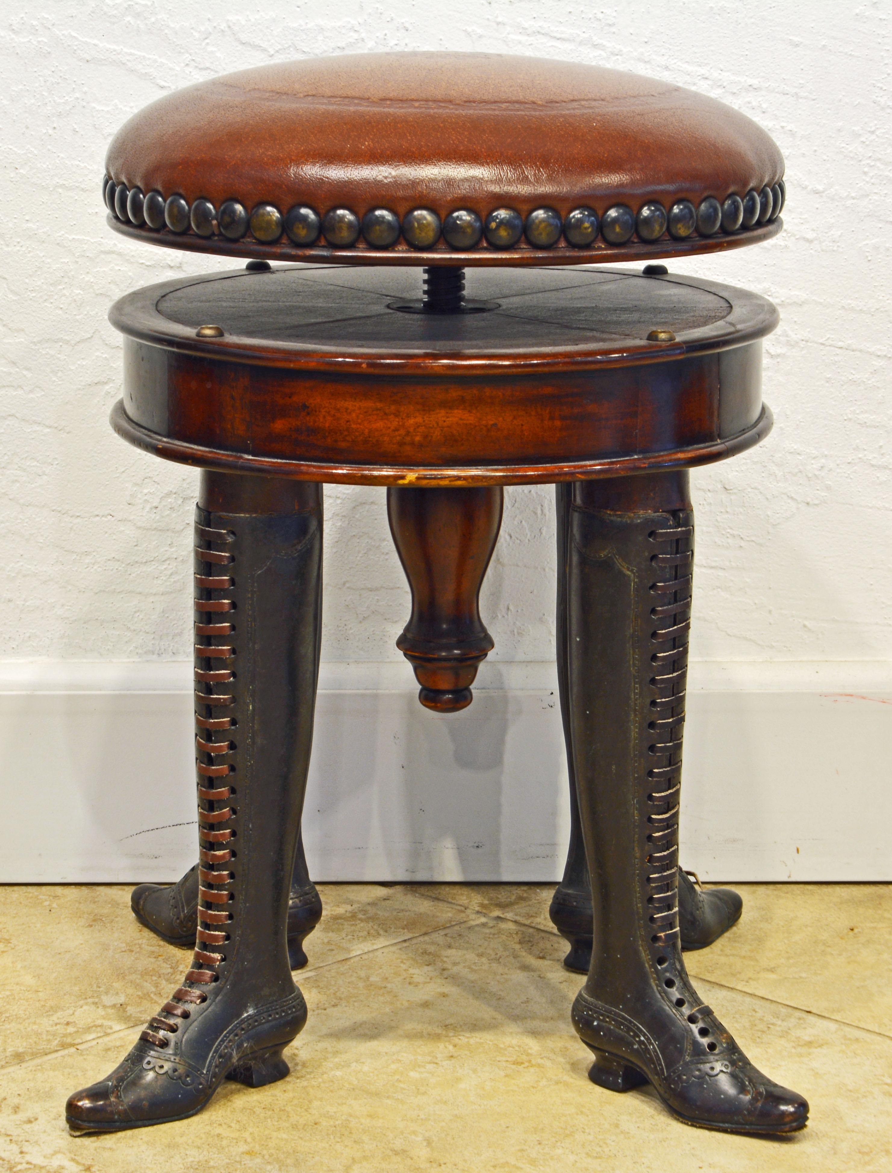 Belle Époque French Adjustable Leather Piano Stool on Bronze Legs in He Form of Ladies Boots