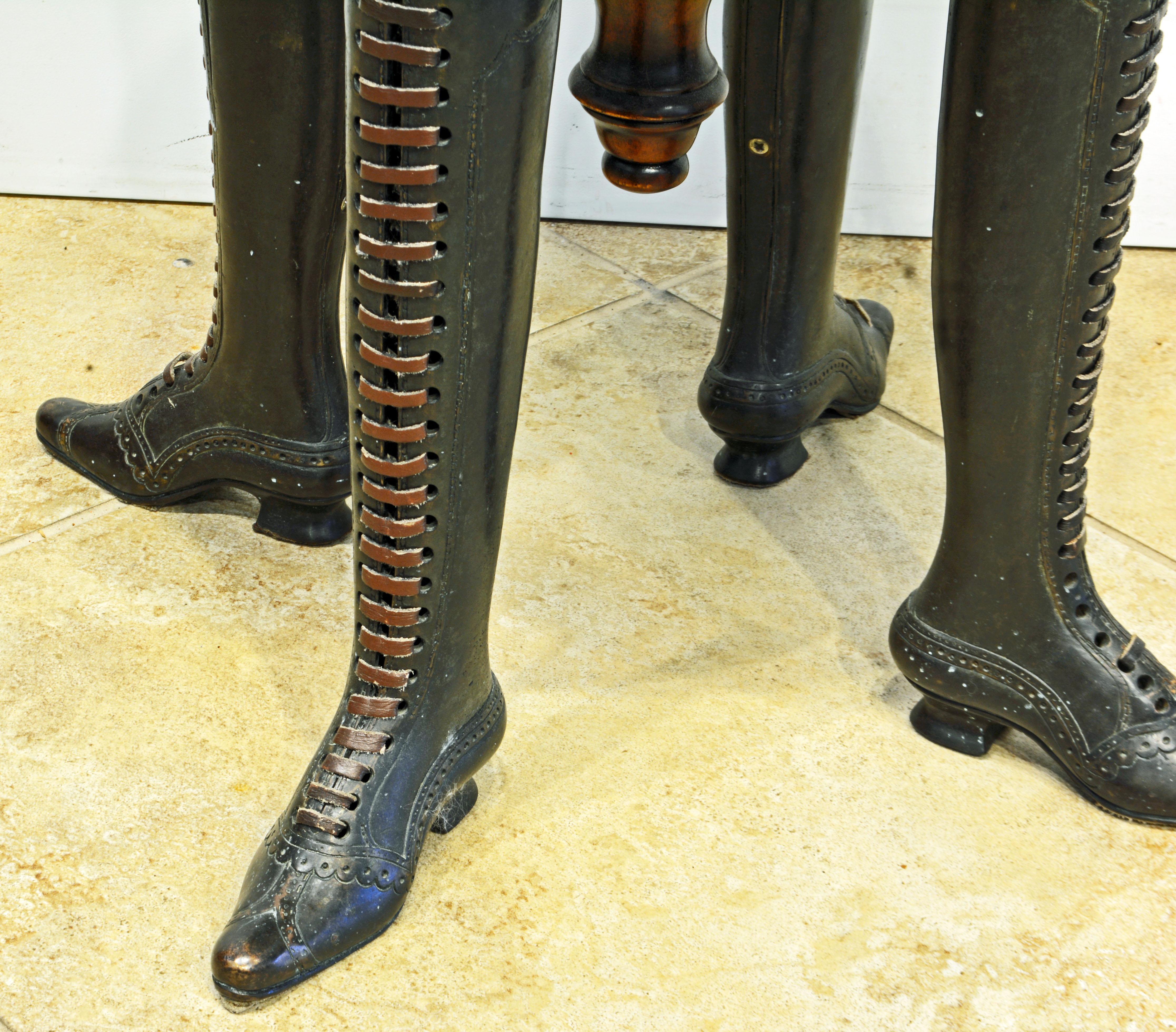 Wood French Adjustable Leather Piano Stool on Bronze Legs in He Form of Ladies Boots