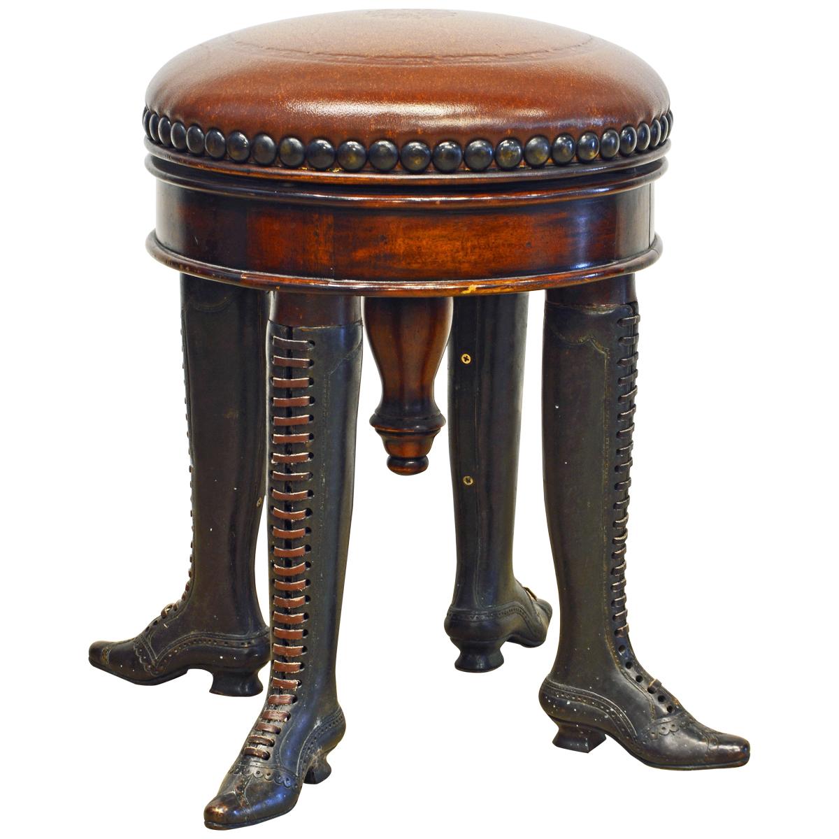 French Adjustable Leather Piano Stool on Bronze Legs in He Form of Ladies Boots