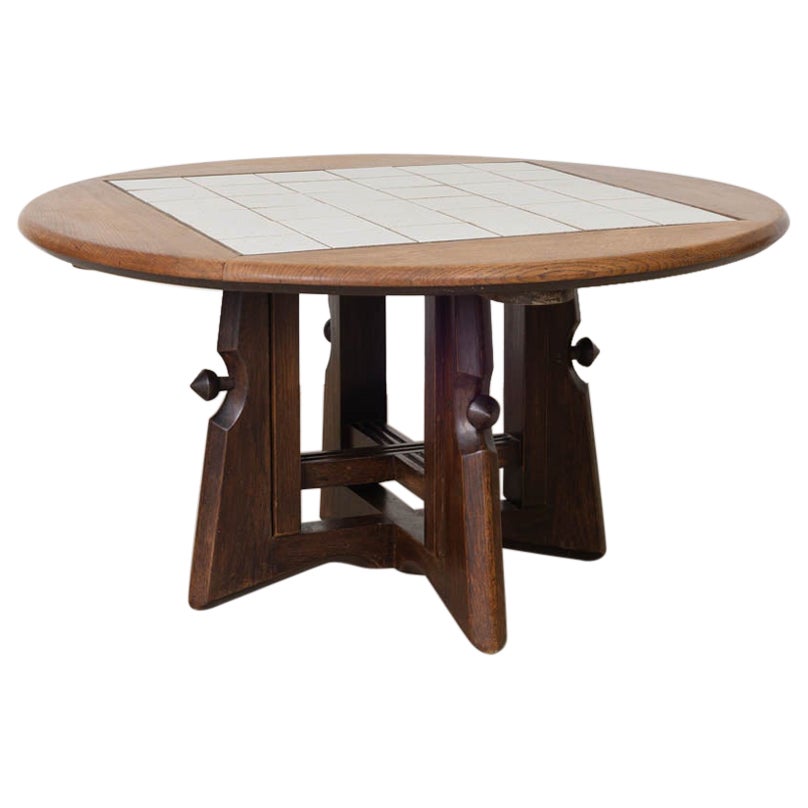 Table réglable en chêne français et carreaux de faïence par Guillerme et Chambron en vente