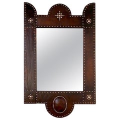 French Adnet Style Art Deco Brown Leather and Brass Claws Covered Mirror, 1920s