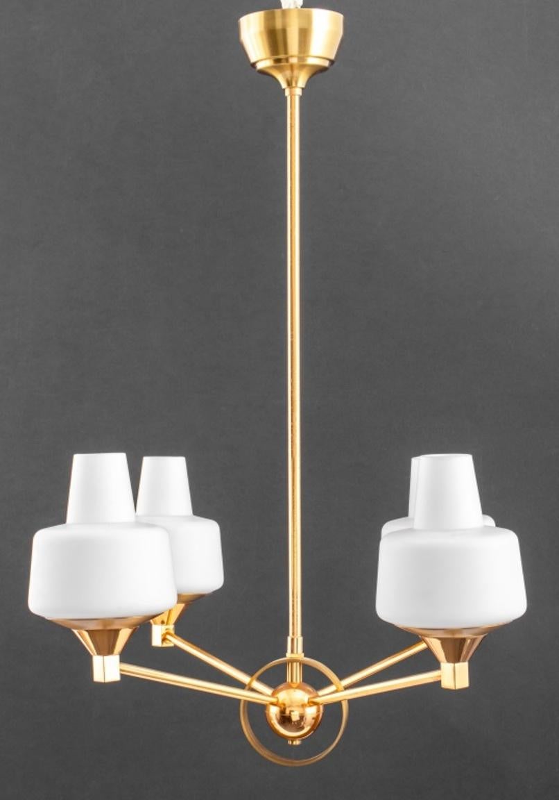 French Modernist midcentury chandelier pendant, the brass structure topped with four frosted glass shades, in the manner of Jacques Adnet (French, 1900-1984). 27