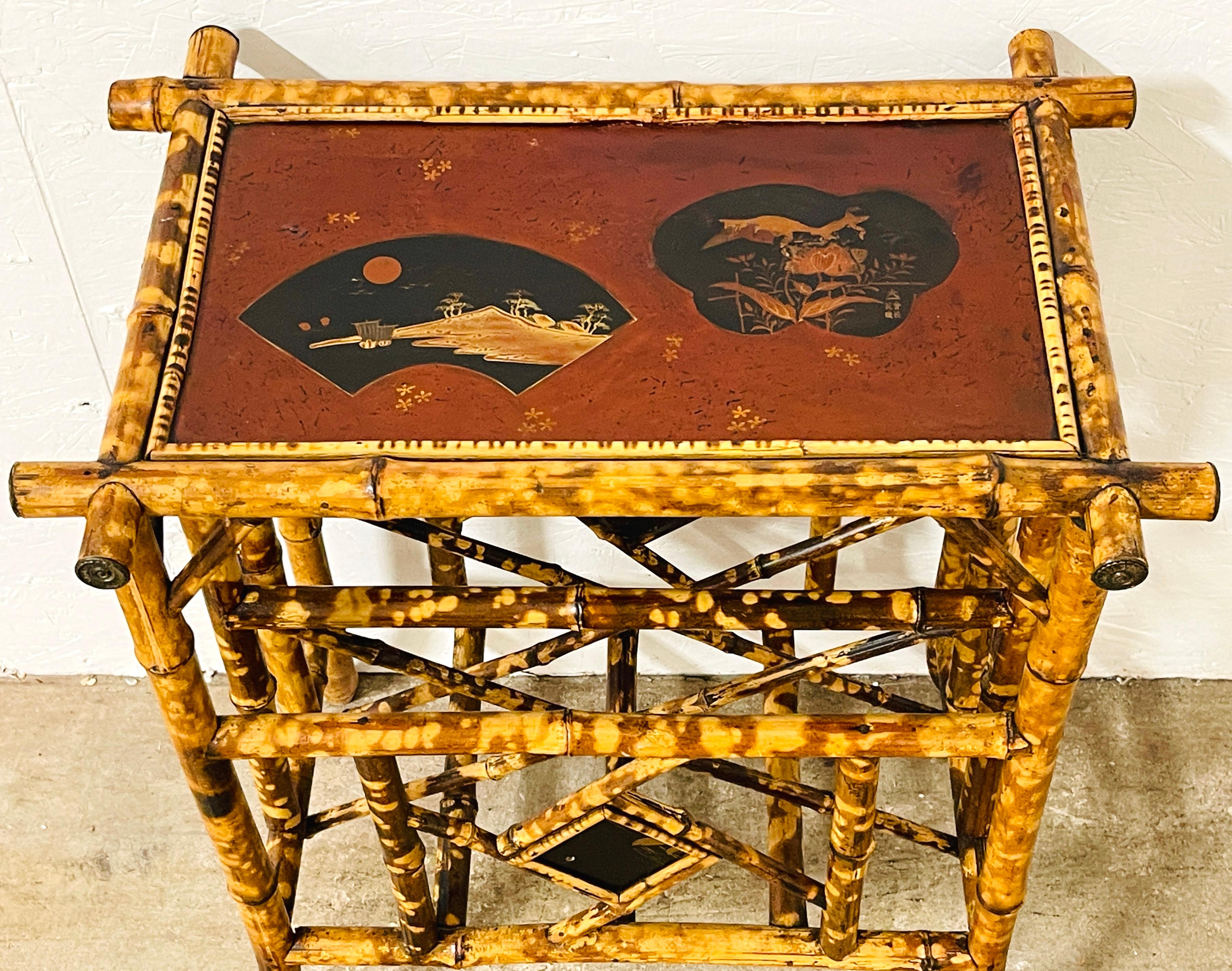Polychromed French Aesthetic /Japonisme Red Lacquer Bamboo Side Table, Circa 1880s