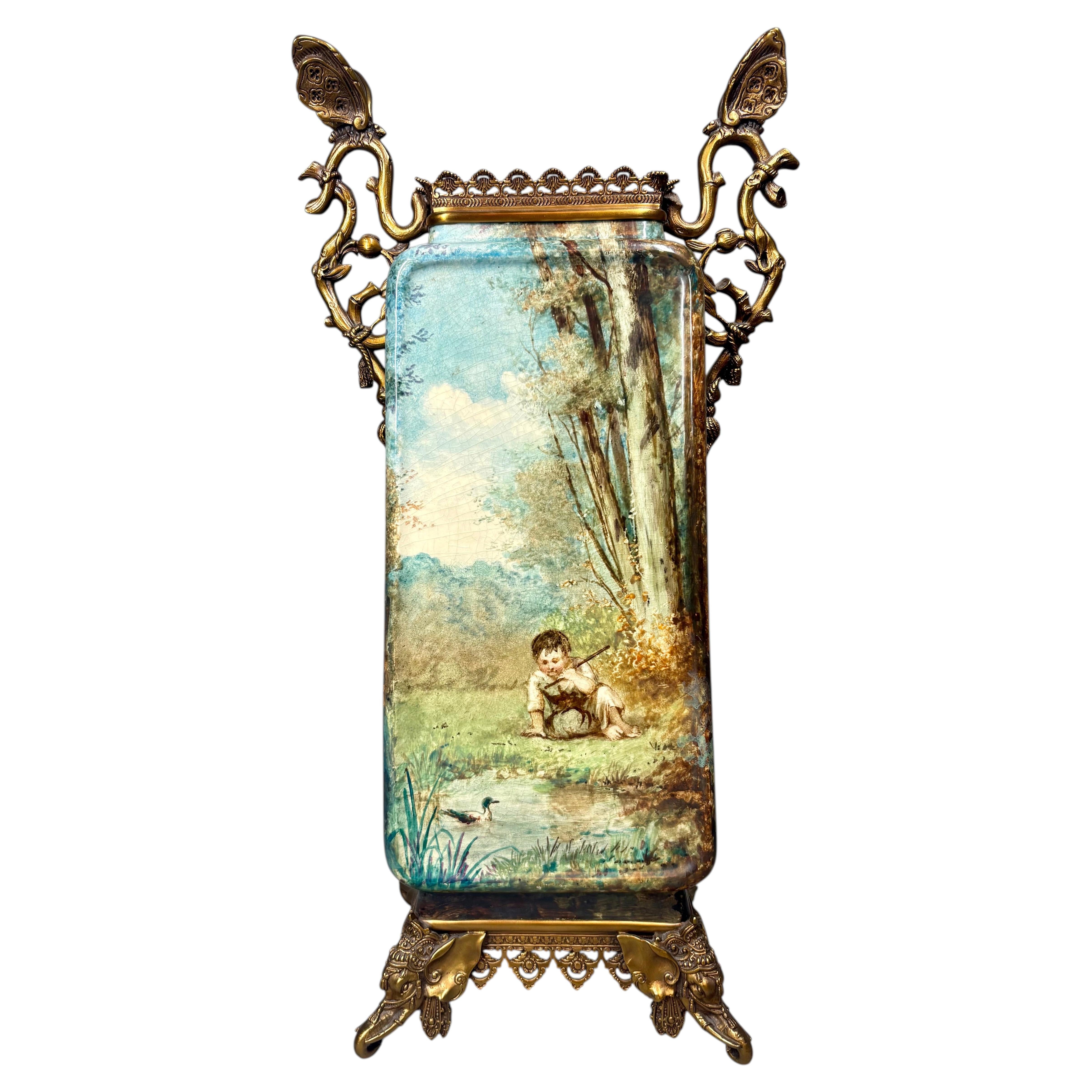 Bronzeverzierte Barbotine-Vase der französischen Aesthetic Movement, CIRCA 1890 im Angebot