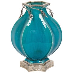 French Aesthetic Movement Glazed Vase with Sterling Mounts
