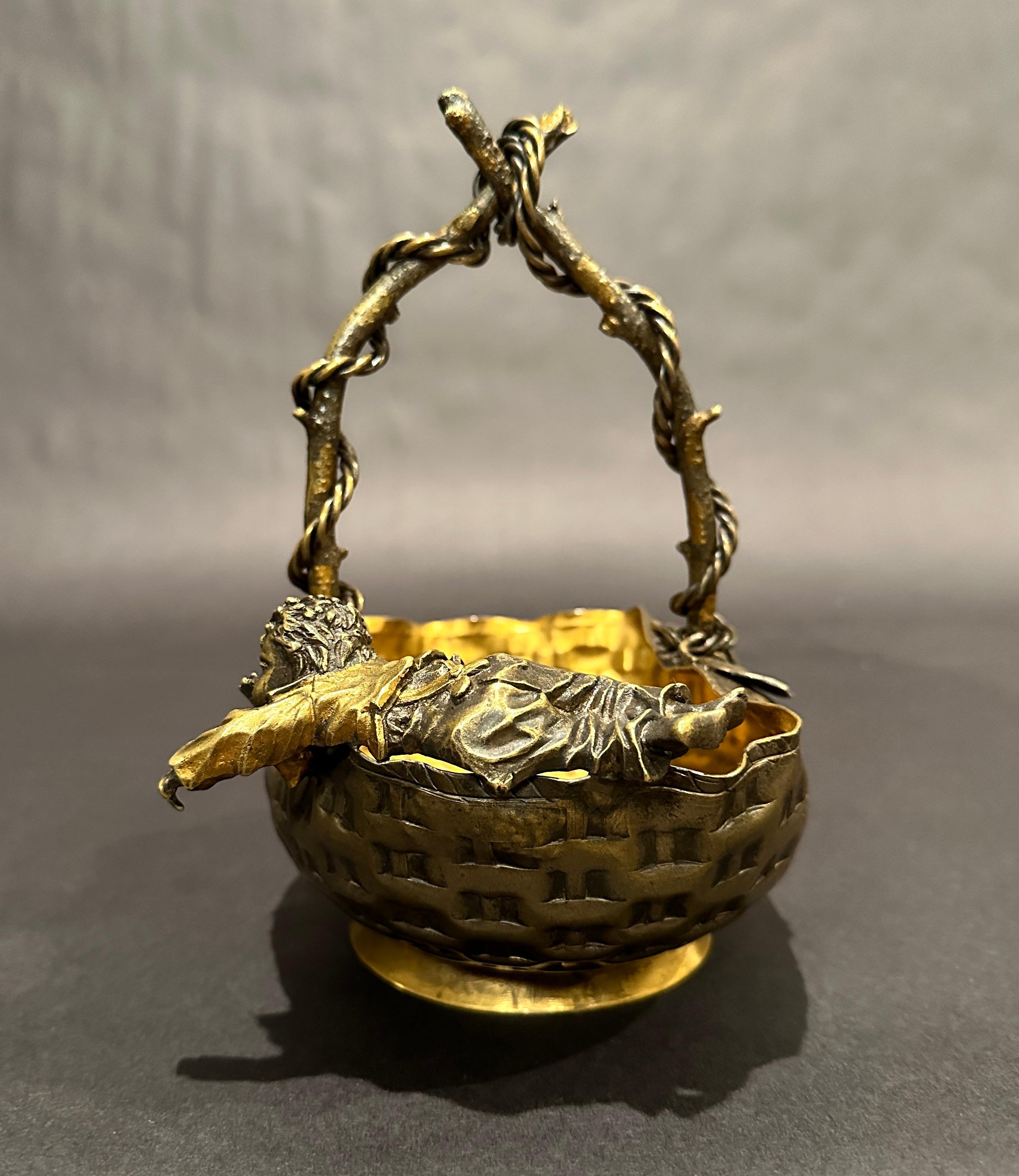 Gilt French Aesthetic Movement Patinated Bronze Figural Bowl/Basket For Sale