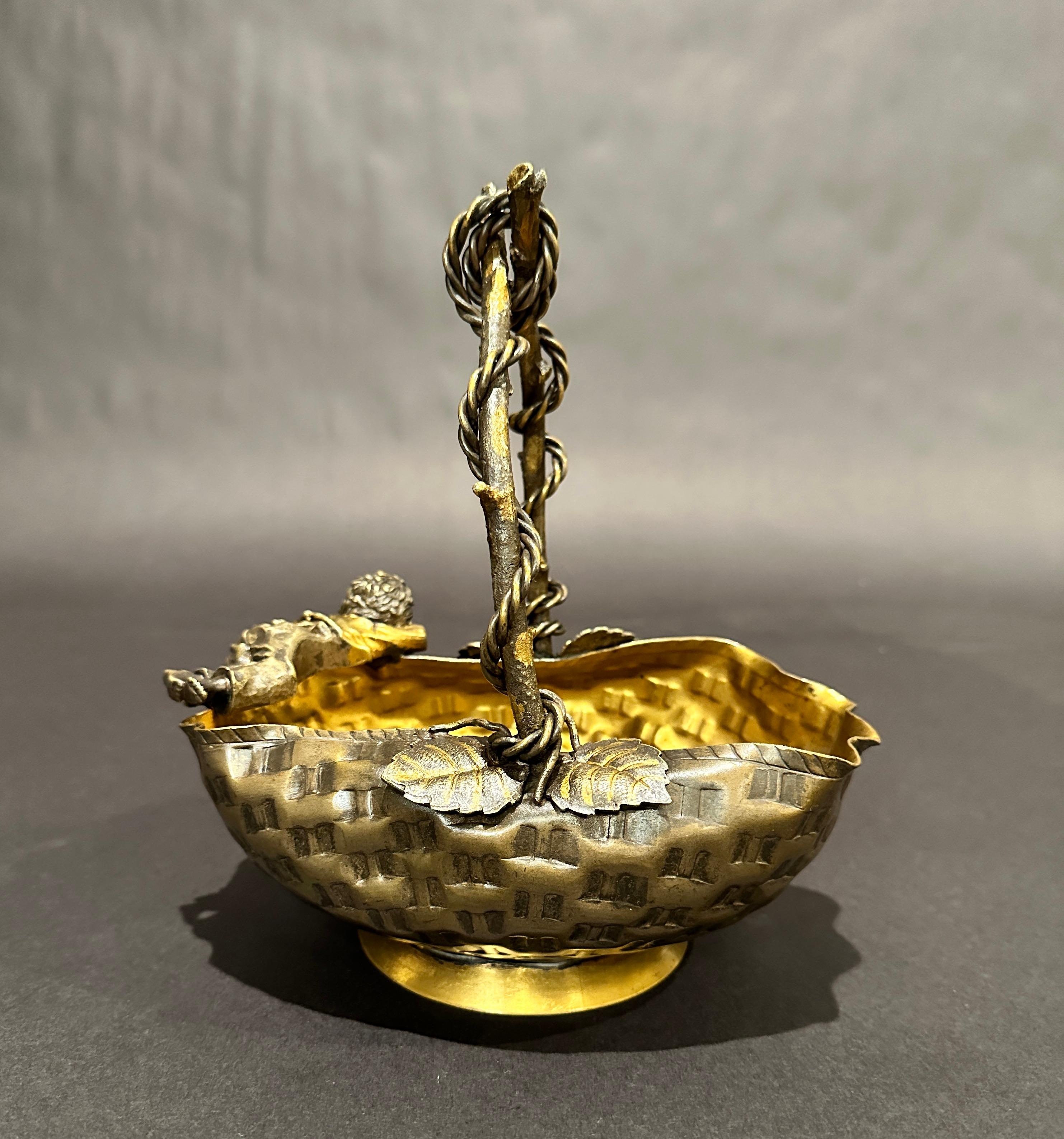 19th Century French Aesthetic Movement Patinated Bronze Figural Bowl/Basket For Sale