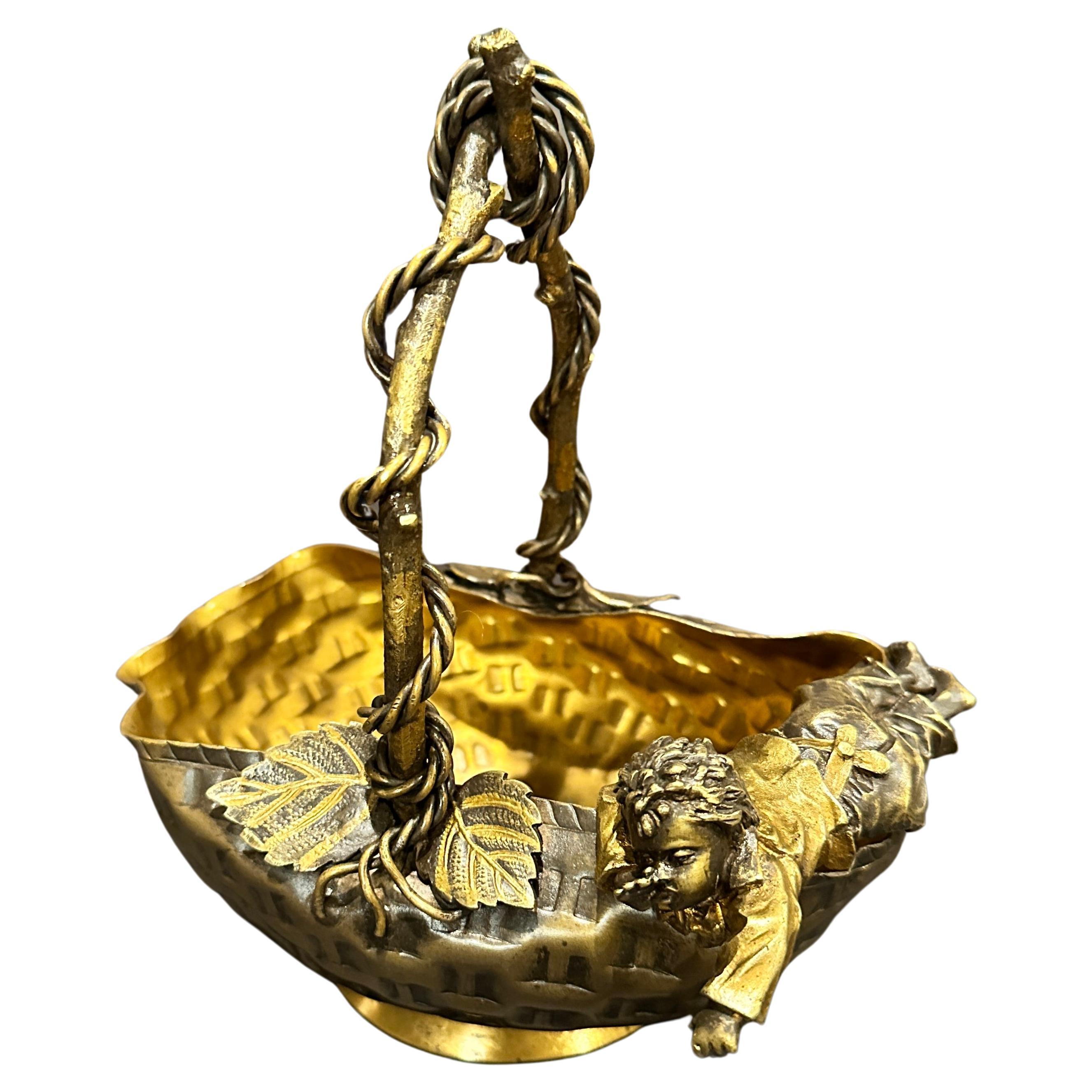 French Aesthetic Movement Patinated Bronze Figural Bowl/Basket For Sale
